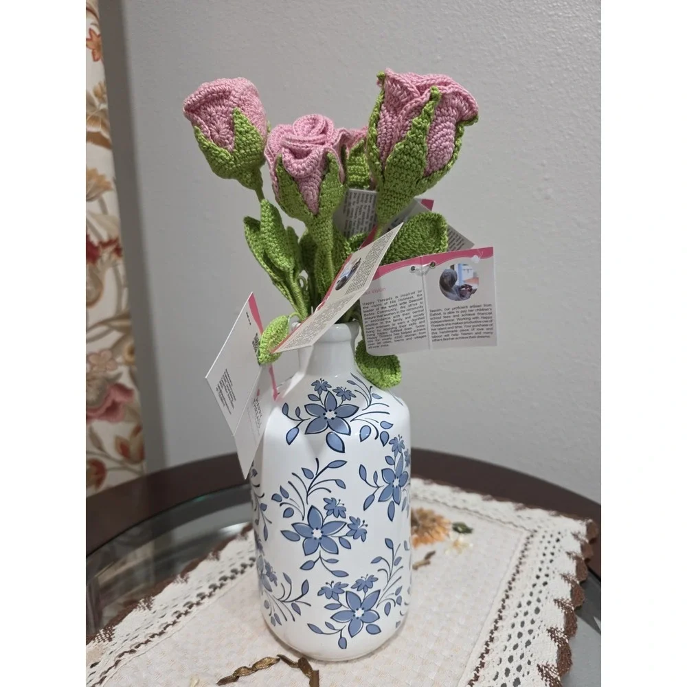 Set of 5 Handmade Crochet Pink Rose Stems – Artificial Floral Decor‎